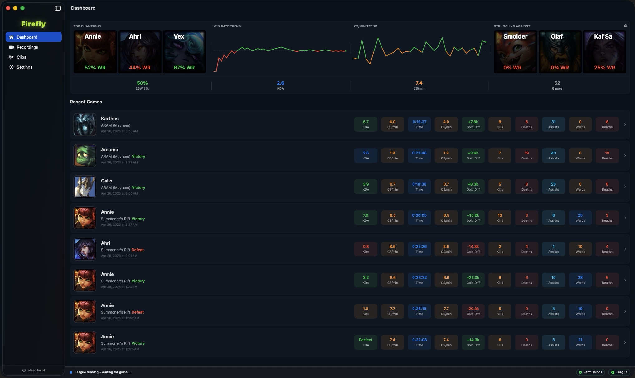 Firefly Dashboard — Auto Recorder for League of Legends