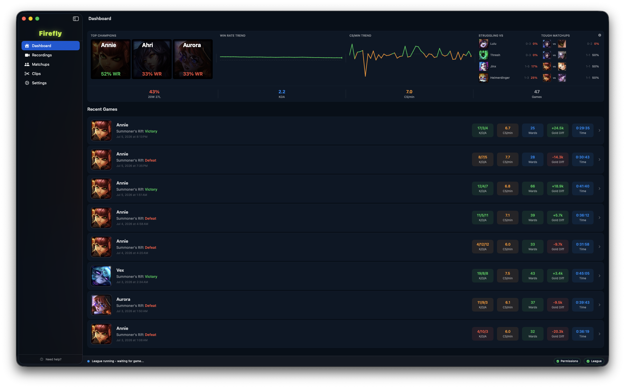 Firefly Dashboard — Auto Recorder for League of Legends