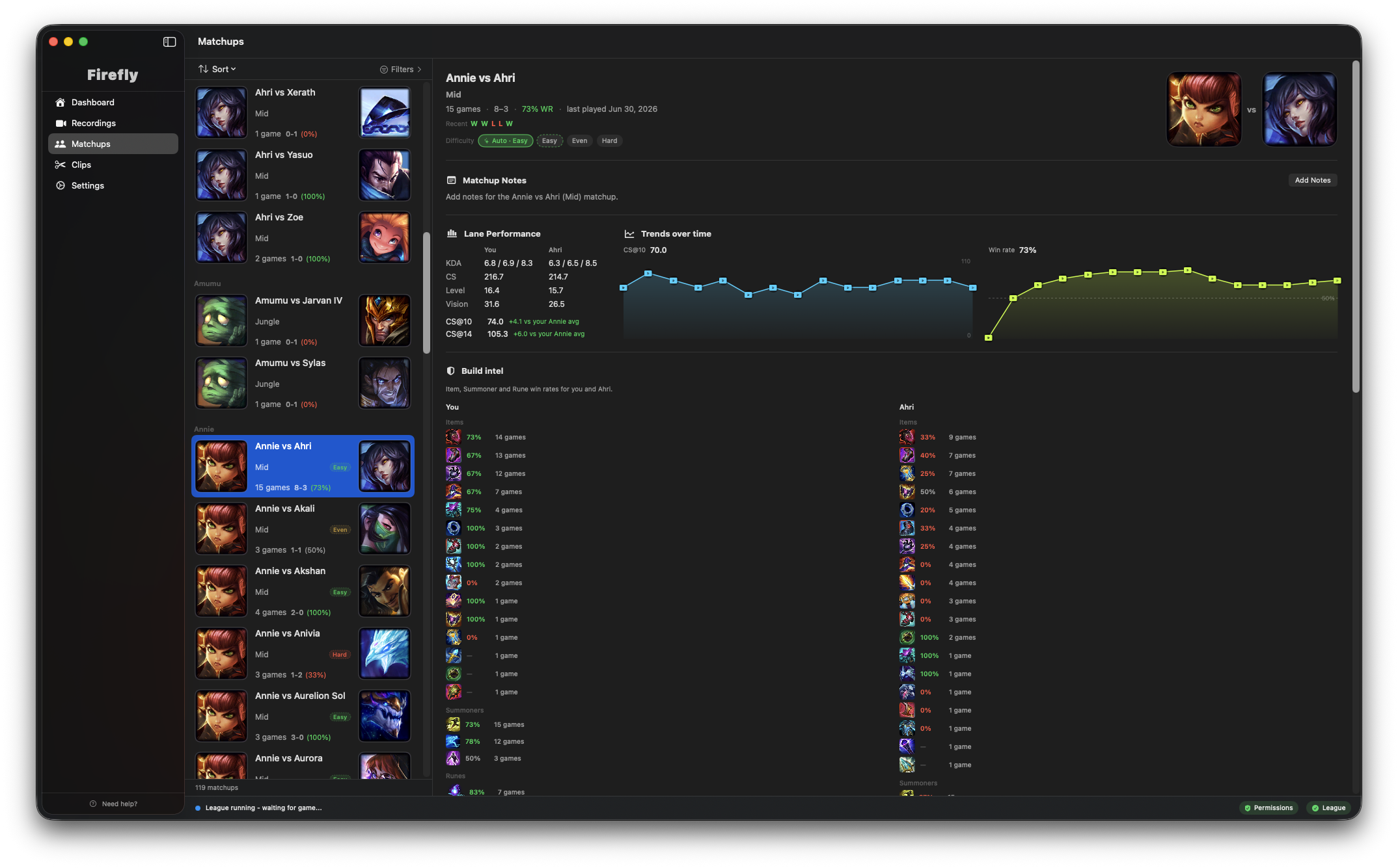 Firefly matchup browser — study every lane matchup with notes, stats, and reels